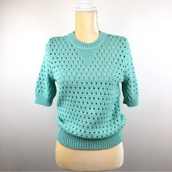 Women's Joe Fresh Perforated Knit Crew Neck Short Sleeve Sweater Sz L Turquoise - Picture 3 of 11
